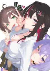 3girls :3 ahoge alternate_costume animal_ear_fluff animal_ears azki_(hololive) black_choker black_hair black_ribbon black_skirt blush breasts brown_hair cat_ears cat_girl cat_hair_ornament cat_tail choker cleavage closed_mouth clothes_around_waist cohi27151463 collared_shirt commentary cowboy_shot crossed_bangs double-parted_bangs earrings eyelashes eyeshadow flower from_above green_eyes green_ribbon gyaru hair_between_eyes hair_flower hair_intakes hair_ornament hair_ribbon heart heart_choker highres hololive hug hug_from_behind jacket jacket_around_waist jewelry long_hair looking_at_viewer makeup medium_breasts mole mole_under_eye multicolored_hair multiple_girls nail_polish natsuiro_matsuri nekomata_okayu open_mouth pink_hair purple_eyes purple_eyeshadow purple_hair purple_nails red_nails ribbon shirt short_hair side_ponytail simple_background skirt smile streaked_hair striped_ribbon tail v virtual_youtuber white_background white_hair white_shirt wing_collar wristband