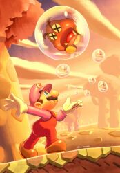 1boy blue_eyes brown_hair bubble bubble_mario day facial_hair gloves goomba hat highres male_focus maribou_(supermaribou) mario mario_(series) mustache nintendo overalls super_mario_bros._wonder tree