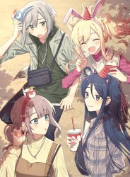 4girls :d ^_^ animal_ear_hairband animal_ears asymmetrical_sidelocks bag black_hair black_pants blonde_hair blue_eyes blunt_bangs brown_hair closed_eyes cocov collared_shirt cup disposable_cup drawstring drink fake_animal_ears fanny_pack green_eyes green_hoodie grey_eyes grey_hair hairband hat highres hinomori_shiho holding holding_drink hood hoodie hoshino_ichika_(project_sekai) jacket jewelry lapels leo/need_(project_sekai) locked_arms long_hair long_sleeves looking_at_another looking_back medium_hair mini_hat mochizuki_honami multiple_girls necklace notched_lapels open_clothes open_jacket open_mouth outdoors pants party_hat phenny_(project_sekai) pink_shirt plaid_clothes plaid_shirt project_sekai rabbit_ears shadow shirt short_hair shoulder_bag side_ponytail sleeves_pushed_up smile sweatdrop sweater_vest tenma_saki third-party_source tucking_hair turtleneck turtleneck_shirt v yellow_shirt