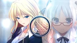 2girls black_bow black_bowtie black_jacket black_ribbon blonde_hair blue_eyes bow bowtie breasts chiara_farrell closed_mouth collarbone collared_shirt fumio_(ura_fmo) game_cg glasses grisaia_(series) grisaia_no_rakuen hair_ribbon harudera_yuria jacket long_hair melaphone_panel mole mole_under_eye multiple_girls nervous_smile non-web_source official_art open_mouth red-framed_eyewear ribbon shirt smile suit_jacket variant_set white_hair white_shirt worried