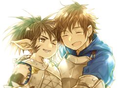 2boys armor blue_jacket blush breastplate brown_hair closed_eyes commentary_request gran_(granblue_fantasy) granblue_fantasy hand_on_another&#039;s_shoulder hood hooded_jacket iha_tobu jacket looking_at_another male_focus multiple_boys one_eye_closed open_mouth pointy_ears ponytail sevilbarra smile upper_body white_background