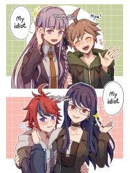 +++ 2boys 2girls ahoge black_choker black_ribbon blue_hair blush braid breasts brown_hair choker closed_eyes collared_shirt crossover danganronpa:_trigger_happy_havoc danganronpa_(series) earrings english_text flying_sweatdrops glasses hair_ribbon hetero highres hood hood_down jacket jewelry kirigiri_kyoko konoha_kairi long_hair long_sleeves multiple_boys multiple_girls naegi_makoto open_mouth purple_eyes purple_hair red_eyes red_hair ribbon shirt shizuhara_hiruko side_braid sparkle sumino_takumi the_hundred_line_-last_defense_academy- twitter_username upper_body