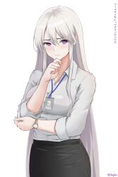 1girl absurdres alternate_costume artist_name azur_lane breasts chieftain_art13 closed_mouth collared_shirt cowboy_shot dress_shirt english_text enterprise_(azur_lane) finger_to_own_chin formal_clothes hand_on_own_chin highres id_card lanyard large_breasts long_hair office_lady pencil_skirt purple_eyes shirt shirt_tucked_in sidelocks simple_background skirt sleeves_rolled_up solo thinking very_long_hair watch white_background white_hair white_shirt