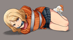 1girl arms_behind_back ashley_graham bdsm blonde_hair bondage bound bound_ankles breast_bondage brown_hair cleave_gag cloth_gag gag gagged highres improvised_gag legs looking_at_viewer lost_one_zero resident_evil resident_evil_4 skirt tape tape_bondage