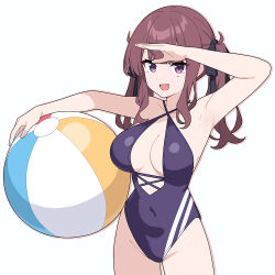 1girl ball beachball black_ribbon breasts brown_eyes brown_hair casual_one-piece_swimsuit cevio commentary_request covered_navel criss-cross_halter halterneck large_breasts mole mole_under_eye natsuki_karin one-piece_swimsuit purple_swimsuit ribbon simple_background smile solo suuchi_maigo_(nan) swimsuit twintails white_background