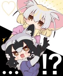 2girls animal_ears biting black_hair blonde_hair blush bow bowtie brown_eyes common_raccoon_(kemono_friends) biting_ear extra_ears fennec_(kemono_friends) fox_ears fur_collar gloves grey_hair heart highres kemono_friends multicolored_hair multiple_girls notora pink_sweater raccoon_ears raccoon_girl shirt short-sleeved_sweater short_hair short_sleeves sweater white_hair yellow_bow yellow_bowtie yuri