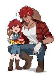 Rule 34 | 2boys, absurdres, alex (degrees of lewdity), alex (male) (degrees of lewdity), blue overalls, blue pants, boots, brown boots, closed eyes, cup, defnotalvoo96, degrees of lewdity, father and son, gloves, highres, holding, holding plate, multiple boys, open clothes, open mouth, open shirt, overall shorts, overalls, pants, plaid clothes, plaid shirt, plate, red hair, red shirt, shirt, short hair, simple background, squatting, teacup, watch, white background, white gloves, white shirt, wristwatch