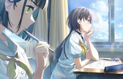 Rule 34 | 2girls, academic test, black hair, blue sky, blunt bangs, bob cut, classroom, closed mouth, cloud, collarbone, day, dress, elbows on table, eraser, game cg, grey hair, hair ornament, hand on own arm, hand on own chin, hasu no sora school uniform, highres, holding, holding pencil, indoors, katsuragi izumi, link! like! love live!, love live!, mechanical pencil, momose ginko, multiple girls, neckerchief, non-web source, official art, orange eyes, paper, pencil, pencil case, profile, puffy short sleeves, puffy sleeves, reflection, sailor collar, school uniform, short hair, short sleeves, sidelocks, sky, summer uniform, triangle hair ornament, turtleneck, virtual youtuber, white dress, white sailor collar, window, wolf cut, yellow neckerchief
