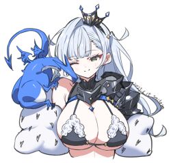 1girl armor bikini bikini_armor black_bikini blush breasts cleavage closed_mouth commentary_request cropped_torso crown dated dragon dragon_on_shoulder green_eyes grey_hair large_breasts long_hair looking_at_viewer mini_crown one_eye_closed original saitou_masatsugu shoulder_armor signature simple_background small_dragon solo swimsuit upper_body white_background