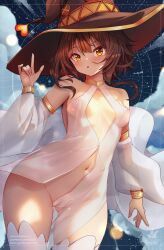 1girl bare_shoulders bicio black_hair breasts cameltoe cleavage_cutout clothing_cutout covered_erect_nipples detached_sleeves dress hand_up hat heart highres kono_subarashii_sekai_ni_shukufuku_wo! medium_hair megumin navel paid_reward_available parted_lips patreon_username pear-shaped_figure pussy revealing_clothes see-through_clothes see-through_dress signature small_breasts thighhighs white_dress white_sleeves white_thighhighs wide_sleeves witch_hat yellow_eyes