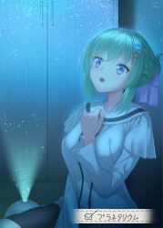 1girl :o alternate_costume arm_between_breasts awestruck between_breasts braid breasts casual checkmark commentary_request cowboy_shot dark eye_reflection eyelashes fumimaru green_hair hair_between_eyes hair_bun hair_ornament hair_ribbon hairclip half_up_braid hand_up highres indoors large_breasts light_particles looking_up medium_hair open_mouth planetarium purple_eyes purple_ribbon reflection ribbon shirt signature single_hair_bun sitting solo takadate_orie tenshi_souzou_re-boot! translated white_shirt