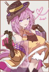 1girl :d absurdres alternate_costume armpit_crease bare_shoulders black_gloves border brown_border cake cake_hat candy chocolate chocolate_heart coat commentary detached_collar dot_nose elbow_gloves elysia_(honkai_impact) elysia_(miss_pink_elf)_(honkai_impact) food food-themed_clothes fur_trim gift gloves hat heart heart-shaped_food heart_of_string highres holding holding_gift honkai_(series) honkai_impact_3rd long_sleeves looking_at_viewer melting midriff navel off_shoulder open_clothes open_coat open_mouth outside_border panty_straps partially_unzipped patterned_clothing pink_hair pocky pointy_ears ponytail purple_coat purple_eyes shirt sidelocks sleeveless sleeveless_shirt smile solo sparks_summer symbol-only_commentary translucent upper_body white_background yellow_coat yellow_shirt