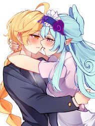 Rule 34 | 1boy, 1girl, aether (genshin impact), after kiss, ahoge, black jacket, blonde hair, blue hair, blush, commentary, commission, fingernails, frilled hairband, frills, genshin impact, hairband, heart, heart ahoge, hetero, highres, jacket, lipstick mark, long hair, long sleeves, looking at another, midori (midori13579), nail polish, nihongami, parted lips, pointy ears, purple eyes, purple nails, suit jacket, very long hair, white background, yellow eyes, yumemizuki mizuki
