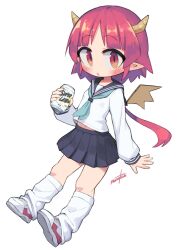1girl :&lt; aqua_neckerchief artist_name blue_sailor_collar blue_skirt blue_trim blush borrowed_character breasts brown_wings can cardboard chestnut_mouth collared_shirt commentary demon_girl dress_shirt drink fake_wings from_side highres holding holding_can holding_drink horns kneehighs long_hair long_sleeves looking_at_viewer looking_to_the_side loose_socks midriff_peek nanatsuta navel neckerchief original parted_lips pleated_skirt pointy_ears ponytail raised_eyebrows red_eyes red_hair red_trim sailor_collar school_uniform serafuku shirt shoes short_hair_with_long_locks signature simple_background skirt small_breasts sneakers socks solo suama_(roku_no_hito) very_long_hair white_background white_shirt white_shoes white_socks wings