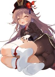 1boy :d ass blush brown_hair brown_hat brown_jacket brown_nails brown_shorts bulge crossed_bangs feet flower flower-shaped_pupils full_body genderswap genderswap_(ftm) genshin_impact gold_trim hair_between_eyes hat hat_flower hat_ornament highres hu_tao_(genshin_impact) jacket jewelry legs_together long_hair long_sleeves looking_at_viewer lying male_focus multiple_rings nail_polish no_shoes on_side open_mouth porkpie_hat red_eyes ring shikinyan short_shorts shorts sidelocks simple_background smile socks soles solo symbol-shaped_pupils tassel thighs toes trap very_long_hair white_background white_socks
