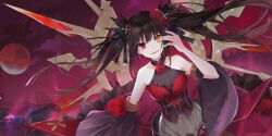 1girl bare_shoulders black_hair breasts building bus clock_eyes cloud date_a_live date_a_live:_spirit_pledge dress dutch_angle flower frilled_dress frills full_moon hair_flower hair_ornament hand_up heterochromia highres long_hair medium_breasts moon motor_vehicle multicolored_dress night official_alternate_costume official_art outdoors red_eyes red_flower red_rose roman_numeral rose smile solo symbol-shaped_pupils third-party_source tokisaki_kurumi twintails v-shaped_eyebrows yellow_eyes