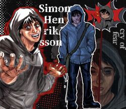 1boy absurdres bag black_eyes black_hair black_sclera blood blood_on_face blue_hoodie colored_sclera crazy_grin cry_of_fear dithering doodle_inset dual_persona english_text grey_hoodie gun hand_in_pocket handgun heart highres holding holding_gun holding_weapon hood hood_up hoodie looking_at_viewer male_focus movie_poster outline outstretched_arms outstretched_hand red_outline reiyi_idk shoulder_bag simon_henriksson simon_henriksson_(book) veins weapon