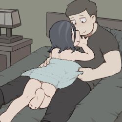 1boy 1other angel_martinez ass_peek barefoot bed blush brown_hair clinical_trial_(game) couple feet highres homunculus100 jitome lee_smith medium_hair naked_towel nude pale_skin pants shirt short_hair smile soles t-shirt toes toon_(style) towel