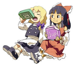 1up 2girls apron ascot black_hair blonde_hair bow d-nobi detached_sleeves eating female_focus gameplay_mechanics hair_bow hair_tubes hakurei_reimu kirisame_marisa lowres multiple_girls power-up ribbon touhou