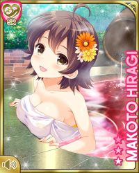 1girl ahoge bathing bottomless breasts brown_eyes brown_hair card_(medium) character_name cleavage day flower girlfriend_(kari) hair_flower hair_ornament hiragi_makoto_(girlfriend_(kari)) indoors official_art open_mouth qp:flapper short_hair smile solo spa tagme towel