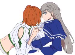 2girls absurdres atenaba blue_dress blue_eyes braid chromatic_aberration clothing_cutout dress grey_hair half_up_braid highres kanne_(sousou_no_frieren) lawine_(sousou_no_frieren) long_sleeves looking_at_another multiple_girls open_mouth orange_hair shirt shoulder_cutout simple_background sousou_no_frieren two_side_up unbuttoning undressing_another white_background white_shirt yuri