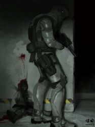 Rule 34 | 2boys, ammunition pouch, blood, copyright request, death, gun, highres, load bearing equipment, military, military combat uniform, military uniform, multiple boys, pouch, rifle, rythayze, soldier, weapon