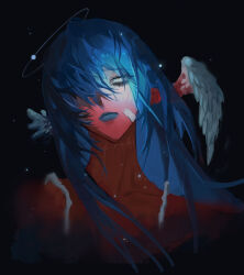 1girl absurdres asymmetrical_wings bandaid bandaid_on_face black_background black_eyeshadow blacksheep blank_eyes blue_hair blue_halo blue_lips chinese_commentary closed_mouth collarbone colored_skin commentary_request dark expressionless eyelashes eyeshadow feathered_wings hair_over_one_eye halo head_wings highres light_particles lipstick long_hair makeup one_eye_covered orbital_path original portrait red_skin scar scar_on_neck simple_background solo tears traditional_halo variant_set veins veiny_face white_wings wings