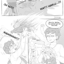 1girl absurdres artist_name aurorus book diantha_(pokemon) gardevoir gen_3_pokemon gen_6_pokemon goodra greyscale hawlucha highres jewelry monochrome necklace nintendo niosklastenos open_mouth pokemon pokemon_(creature) pokemon_xy speech_bubble surprised sweatdrop tyrantrum wide-eyed