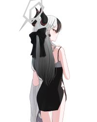 1girl absurdres black_bow black_dress black_hair black_horns blue_archive bow closed_mouth demon_horns dress ear_piercing from_behind gradient_hair grey_hair grey_jacket hair_bow halo highres hit_by_hit horns jacket kayoko_(blue_archive) kayoko_(new_year)_(blue_archive) long_hair multicolored_hair official_alternate_costume official_alternate_hairstyle piercing purple_wings red_eyes simple_background single_wing solo standing white_background wings