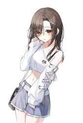 1girl absurdres bag bare_shoulders belt boong0619 bra_strap brown_hair commentary_request commission cowboy_shot crop_top cutoffs grey_shorts hair_ornament hand_up highres korean_commentary long_hair long_sleeves looking_at_viewer midriff navel off-shoulder_shirt off_shoulder open_mouth original parted_bangs second-party_source shirt short_shorts shorts shoulder_bag simple_background solo standing stomach white_background white_shirt x_hair_ornament yellow_eyes