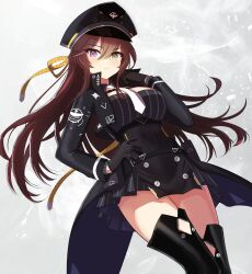 1girl absurdres aiguillette black_gloves black_jacket black_thighhighs braid breasts brown_hair commentary counter:side cropped_jacket dutch_angle floating_hair furrowed_brow gloves grey_hair hair_between_eyes half_up_braid hand_in_own_hair hand_on_own_hip harness hat heterochromia highres jacket karin_wong large_breasts light_blush long_hair long_sleeves looking_at_viewer military_hat multicolored_hair osunahanko pinstripe_pattern pinstripe_skirt pouch purple_eyes sidelocks solo streaked_hair thighhighs thighs waist_cape white_background white_hair zettai_ryouiki