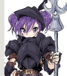 Rule 34 | 1girl, alternate costume, armor, belt, blush, bracer, breastplate, brown belt, bun with braided base, closed mouth, double bun, hair bun, hand on own hip, helmet, himeyuri ruri, holding, holding polearm, holding weapon, looking at viewer, mugi (mugimugi 9kv), pauldrons, polearm, purple eyes, purple hair, serious, shoulder armor, simple background, solo, spear, to heart (series), to heart 2, upper body, v-shaped eyebrows, weapon, white background