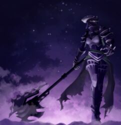 1girl albedo_(overlord) armor axe black_armor dark_background demon_girl demon_horns full_armor full_body hermes_trismegistus_(overlord) highres holding holding_axe holding_weapon horns ijisan overlord_(maruyama) purple_theme solo weapon