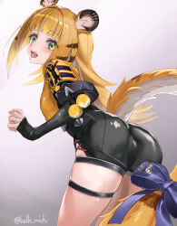 1girl animal_ears ass black_gloves black_shorts blonde_hair blue_bow bow breasts cropped_jacket elbow_gloves fingerless_gloves gloves highres jacket ju_fufu looking_at_viewer michikusa_(bells_michi) multicolored_hair open_mouth shorts small_breasts smile solo tail tail_bow tail_ornament thigh_strap tiger_ears tiger_girl tiger_tail two-tone_hair white_hair yellow_jacket zenless_zone_zero