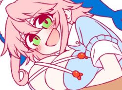 1girl arm_under_breasts blue_shirt blush breasts commentary green_eyes ketsumaimo large_breasts looking_at_viewer lowres medium_hair okunoda_miyoi open_mouth pink_hair shirt short_sleeves simple_background smile solo touhou upper_body whale_hat white_background