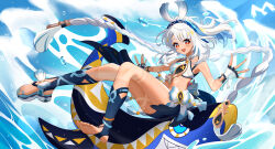 1girl :d absurdres aichinaigai bare_shoulders barefoot blue_hair blue_hairband blush body_markings braid breasts crop_top dark_skin feet fingerless_gloves genshin_impact gloves hairband highres legs light_blue_hair looking_at_viewer low_twin_braids midriff mualani_(genshin_impact) navel open_mouth red_eyes shark smile soles solo symbol-shaped_pupils toes twin_braids