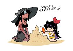 2girls :3 bare_shoulders beach bikini black_bikini black_hair blush_stickers bow bow_hairband breasts building_sand_sculpture closed_mouth detached_sleeves dress elbow_gloves english_text glasgow_smile gloves hair_bow hairband highres jaggy_lines large_breasts long_hair looking_at_viewer multicolored_hair multiple_girls noss_&amp;_zakuro noss_(rariatto) pointy_ears rariatto_(ganguri) red_bow red_hairband sand sand_castle sand_sculpture shovel smile streaked_hair swimsuit trowel vampire wavy_mouth white_hair yellow_bikini zakuro_(rariatto)
