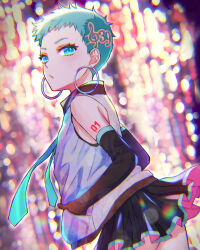 Rule 34 | 1girl, alternate hair length, alternate hairstyle, aqua eyes, aqua hair, aqua necktie, arm tattoo, azaka (pipponao), bare shoulders, black gloves, black skirt, commentary request, commission, earrings, elbow gloves, eyelashes, gloves, grey shirt, hands in pockets, hatsune miku, highres, hoop earrings, jewelry, looking at viewer, necktie, number tattoo, pixiv commission, shirt, short hair, skirt, sleeveless, sleeveless shirt, solo, tattoo, very short hair, vocaloid