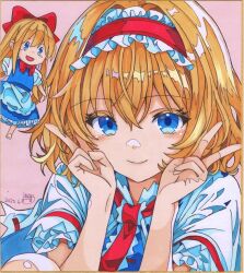 1girl 870hanamarumomo alice_margatroid apron blonde_hair blue_dress blue_eyes bow capelet dated doll double_v dress frilled_hairband frilled_ribbon frills hair_bow hairband looking_at_viewer open_mouth pink_background ribbon shanghai_doll shikishi short_hair signature smile touhou traditional_media v