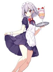 1boy alternate_costume apron asuka_minato black_skirt blush bow bowtie braid closed_mouth commentary_request enmaided feet_out_of_frame food frilled_apron frills ghost_villager grey_hair holding holding_tray looking_at_viewer maid maid_apron maid_headdress medium_hair otome_domain parfait red_bow red_bowtie red_eyes short_sleeves simple_background single_braid skirt skirt_hold smile solo split_mouth standing trap tray white_apron white_background