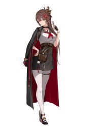 Rule 34 | 1girl, belt, black choker, black jacket, black sailor collar, black shoes, black skirt, breasts, brown bag, brown belt, brown gloves, brown hair, choker, fingerless gloves, full body, gloves, green eyes, hair between eyes, hair ornament, hand fan, high heels, highres, holding, holding fan, jacket, jacket on shoulders, kakeyu banbi, long hair, marumoru, neckerchief, official art, onsen musume, pantyhose, red neckerchief, sailor collar, scissors, shirt, shoes, simple background, single glove, skirt, solo, standing, transparent background, white pantyhose, white shirt