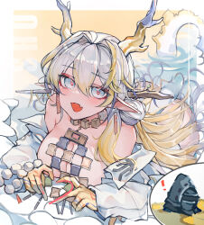 ! 1boy 1girl absurdres alternate_breast_size arknights bare_shoulders bead_necklace beads blush breasts brooch character_name cleavage doctor_(arknights) dragon_girl dragon_horns dragon_tail earrings eastern_dragon_horns eastern_dragon_tail four-finger_heart_hands hair_between_eyes hair_ornament heart heart_hands highres horns jewelry large_breasts long_hair looking_at_viewer necklace open_mouth oreshki pointy_ears shirt shu_(arknights) smile strapless strapless_shirt tail tassel tassel_earrings tube_top white_hair white_tube_top