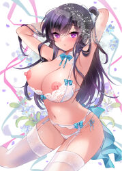 1girl armpits arms_up bare_shoulders black_hair blush bow bow_panties bra breasts cameltoe cleavage collarbone flower garter_belt garter_straps hair_ribbon heart heart_in_eye highres ichiyou_moka large_breasts lingerie long_hair navel nipples original panties panties_over_garter_belt purple_eyes ribbon side_ponytail simple_background solo symbol_in_eye takanashi_iori_(ichiyou_moka) thighhighs underwear veil white_background white_panties white_ribbon white_thighhighs