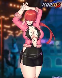 1girl amusement_park arms_up breasts cleavage cleavage_cutout clothing_cutout curvy dress female_focus fishnets fluffy jacket large_breasts long_hair nahusmash no_bra outdoors pale_skin park ponytail red_hair shermie_(kof) shiny_clothes skirt the_king_of_fighters thick_thighs thighs tight_clothes tight_dress twintails wide_hips