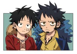 Rule 34 | 2boys, black eyes, black hair, blue cape, blue feathers, brown eyes, cape, chest tattoo, closed mouth, collarbone, collared shirt, dekaidaikon, dot nose, earrings, facial hair, feather trim, feathers, frown, goatee, hat, highres, jewelry, jitome, looking ahead, looking at viewer, male focus, monkey d. luffy, multiple boys, multiple earrings, one piece, open clothes, open collar, open shirt, piercing, red shirt, scar, scar on chest, shirt, short hair, side-by-side, sideburns, straw hat, tattoo, trafalgar law, unworn hat, unworn headwear, yellow shirt