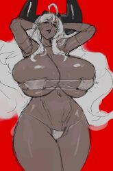 Rule 34 | 1girl, ahoge, bare shoulders, bikini, black bikini, black horns, breasts, bursting breasts, cleavage, curvy, eu03, eyepatch bikini, flat color, gigantic breasts, hair intakes, hair through headwear, happy birthday, hat, highres, horns, huge horns, lineart, long hair, looking at viewer, navel, original, red background, side-tie bikini bottom, sketch, skindentation, smile, solo, strapless, strapless bikini, swimsuit, thick thighs, thighs, very long hair, white bikini