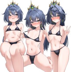 1girl absurdres bikini black_bikini blue_hair blush breasts commentary_request double_v hair_intakes highres honkai:_star_rail honkai_(series) long_hair looking_to_the_side multiple_views navel open_mouth rua_(rua0007113) simple_background sitting small_breasts stomach swimsuit thighs tiara v wariza white_background yellow_eyes yunli_(honkai:_star_rail)