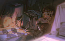 1boy :| aged_down alzi_xiaomi blanket blurry box braid brown_hair brown_pants bucket child claude_von_riegan closed_mouth commentary_request dark-skinned_male dark_skin depth_of_field earrings fire_emblem fire_emblem:_three_houses green_eyes headband highres holding holding_knife jewelry junk knees_up knife long_sleeves looking_at_viewer male_focus nintendo on_floor out_of_frame pants red_background rope sandals shadow short_sleeves side_braid single_braid sitting solo_focus sword weapon