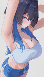 1girl absurdres alternate_costume armpits arms_up black_hair blue_eyes blue_hair blue_shorts breasts camisole cleavage commentary dolphin_shorts drawstring grey_background hair_between_eyes hair_intakes highres hololive hololive_english huge_breasts long_hair midriff multicolored_hair navel ouro_kronii short_shorts shorts simple_background solo tied_drawstring two-tone_hair virtual_youtuber white_camisole yoellim5