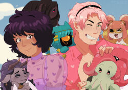 Rule 34 | 1boy, 6+girls, aqua hair, black dress, cat girl, catovyen, cthulhu mythos, date (sucker for love), dress, estir, furry, furry female, goat girl, highres, ln&#039;eta, long hair, looking at viewer, medium hair, multiple girls, muu, nyanlathotep, pink hair, ponytail, purple hair, rhok&#039;zan, short hair, stardust (sucker for love), sucker for love